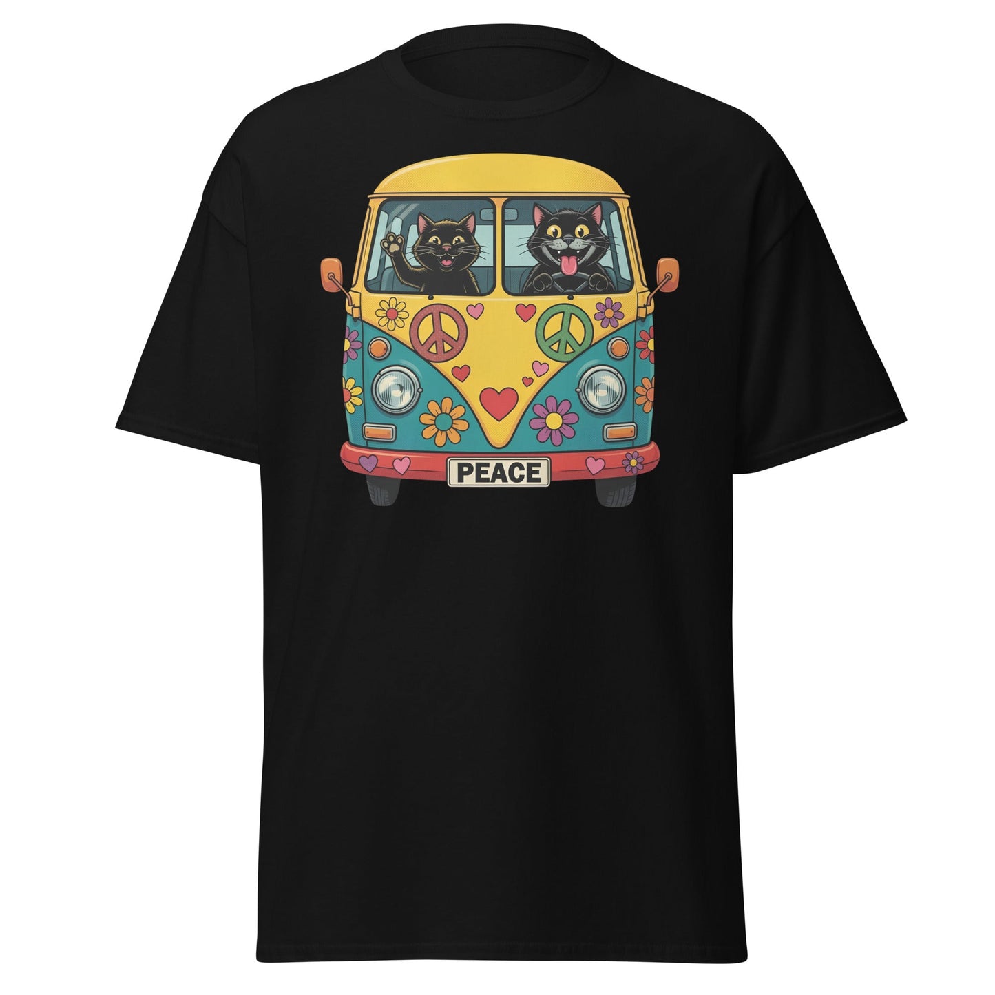 Hippie Cat Van T-Shirt - Peace & Love Retro VW Bus Tee - Black - T-Shirts Online