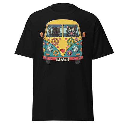 Hippie Cat Van T-Shirt - Peace & Love Retro VW Bus Tee - Black - T-Shirts Online