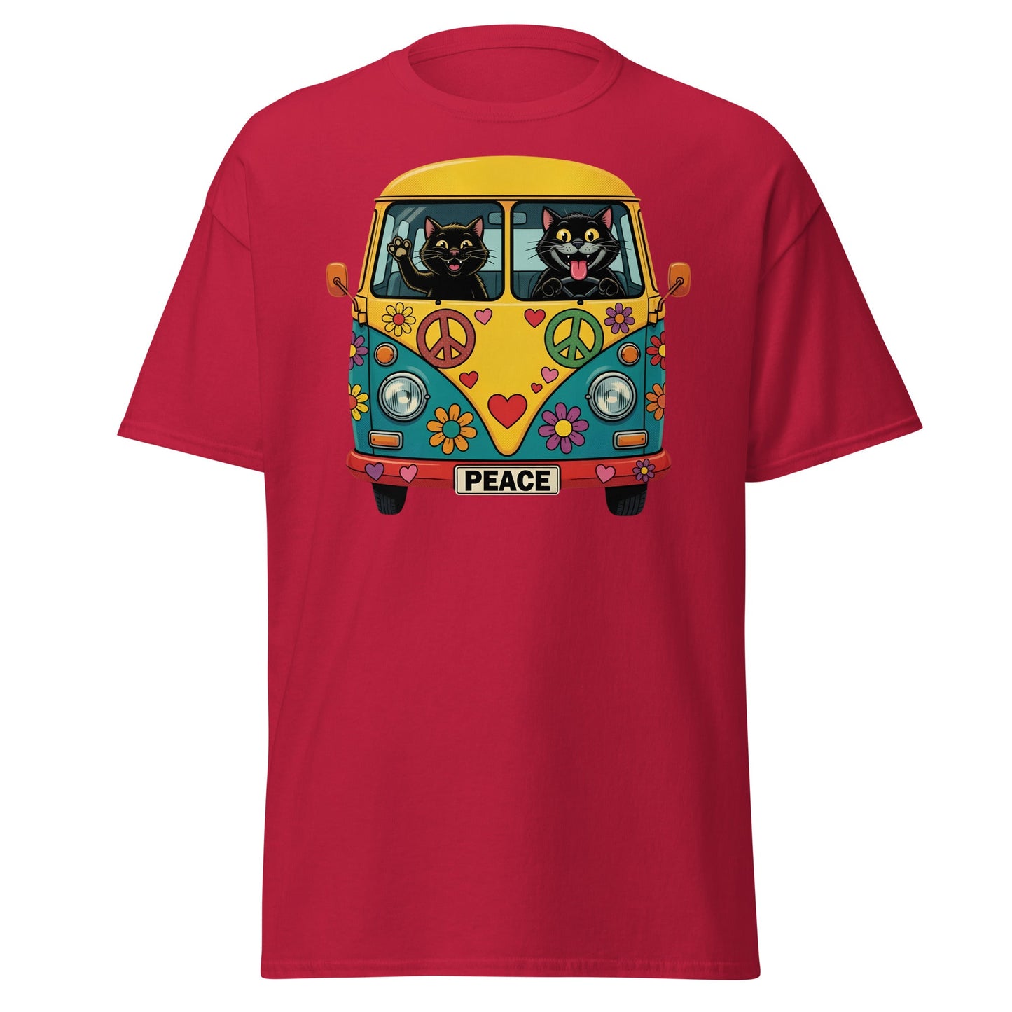 Hippie Cat Van T-Shirt - Peace & Love Retro VW Bus Tee - Cardinal - T-Shirts Online