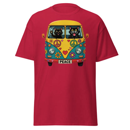 Hippie Cat Van T-Shirt - Peace & Love Retro VW Bus Tee - Cardinal - T-Shirts Online