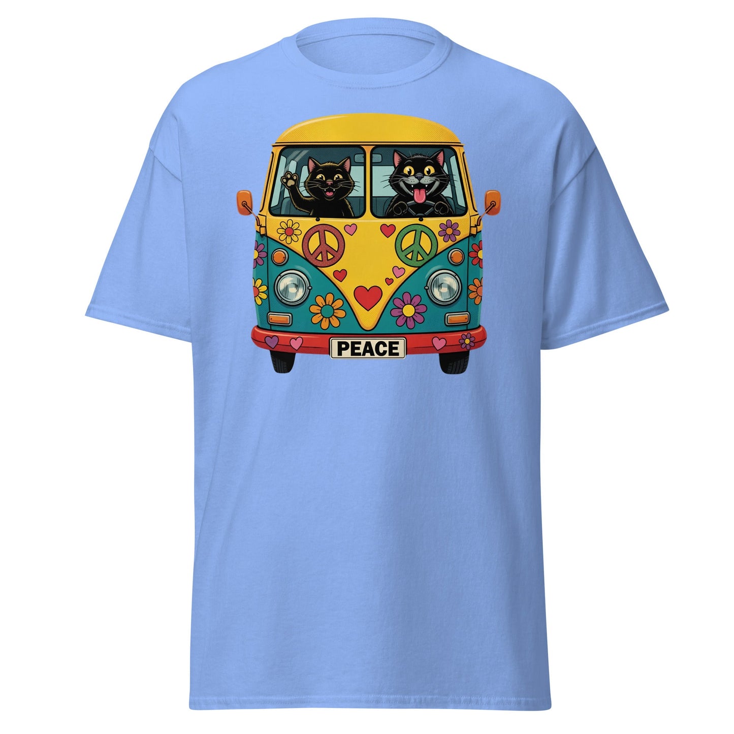 Hippie Cat Van T-Shirt - Peace & Love Retro VW Bus Tee - Carolina Blue - T-Shirts Online