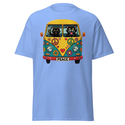 Hippie Cat Van T-Shirt - Peace & Love Retro VW Bus Tee - Carolina Blue - T-Shirts Online