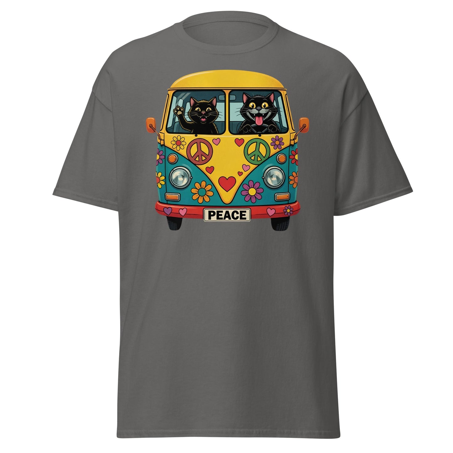 Hippie Cat Van T-Shirt - Peace & Love Retro VW Bus Tee - Charcoal - T-Shirts Online