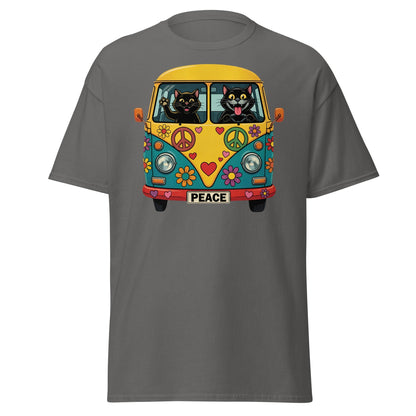 Hippie Cat Van T-Shirt - Peace & Love Retro VW Bus Tee - Charcoal - T-Shirts Online