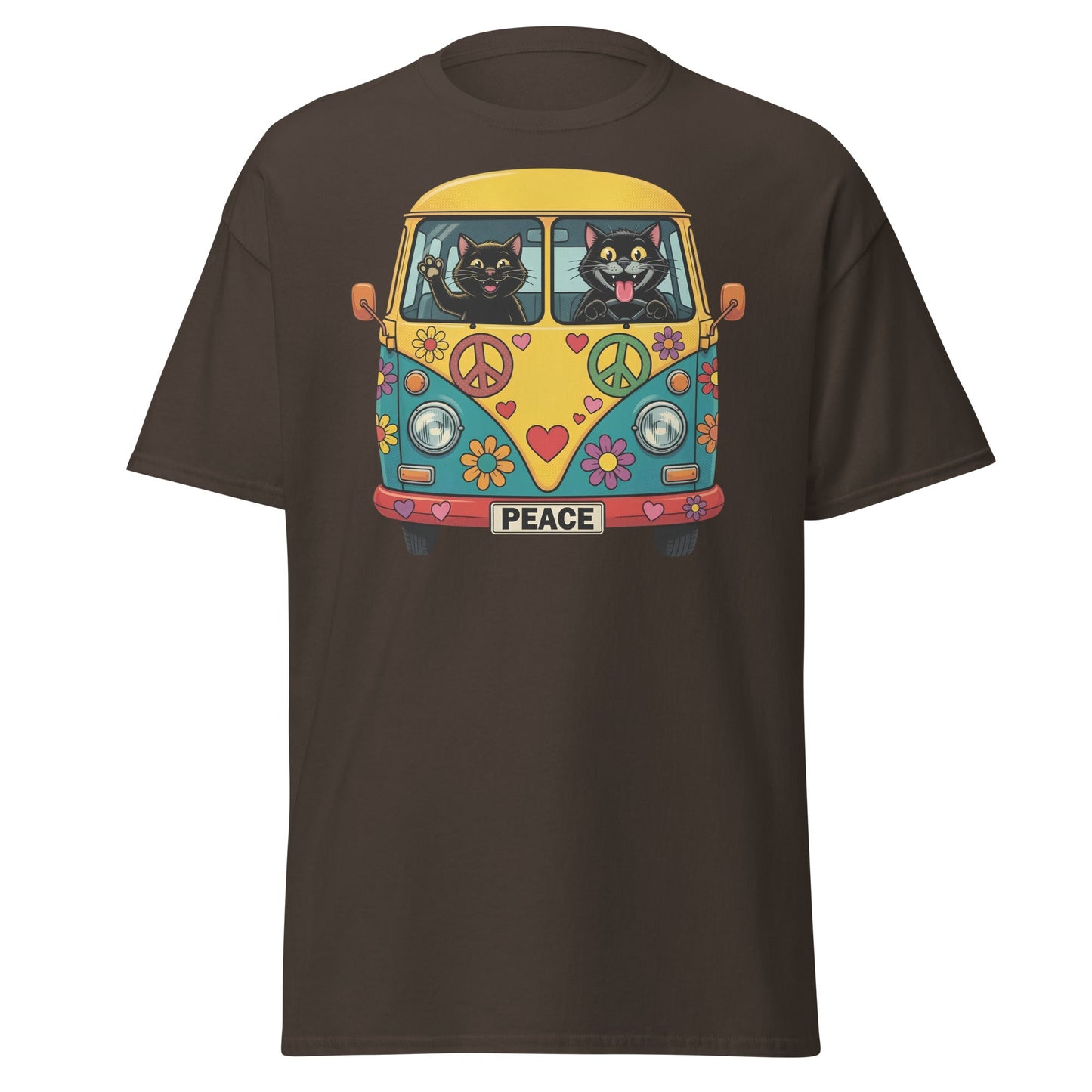 Hippie Cat Van T-Shirt - Peace & Love Retro VW Bus Tee - Dark Chocolate - T-Shirts Online