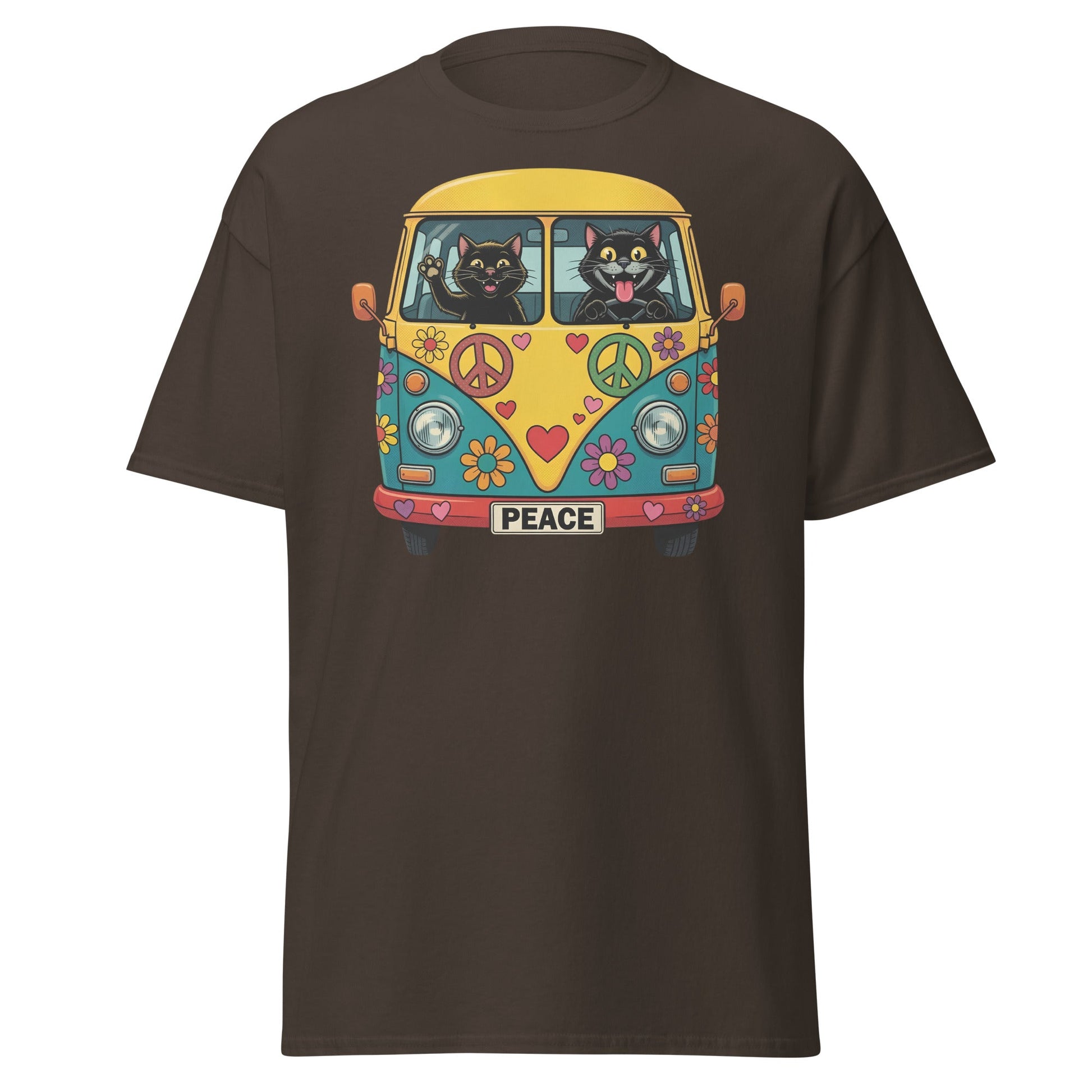 Hippie Cat Van T-Shirt - Peace & Love Retro VW Bus Tee - Dark Chocolate - T-Shirts Online