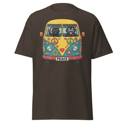 Hippie Cat Van T-Shirt - Peace & Love Retro VW Bus Tee - Dark Chocolate - T-Shirts Online