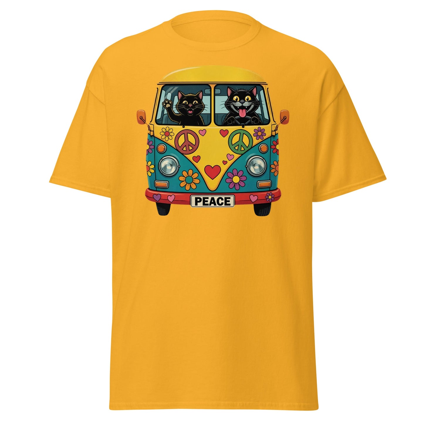 Hippie Cat Van T-Shirt - Peace & Love Retro VW Bus Tee - Gold - T-Shirts Online