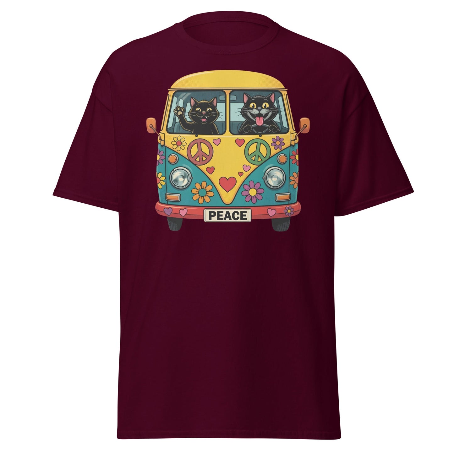Hippie Cat Van T-Shirt - Peace & Love Retro VW Bus Tee - Maroon - T-Shirts Online