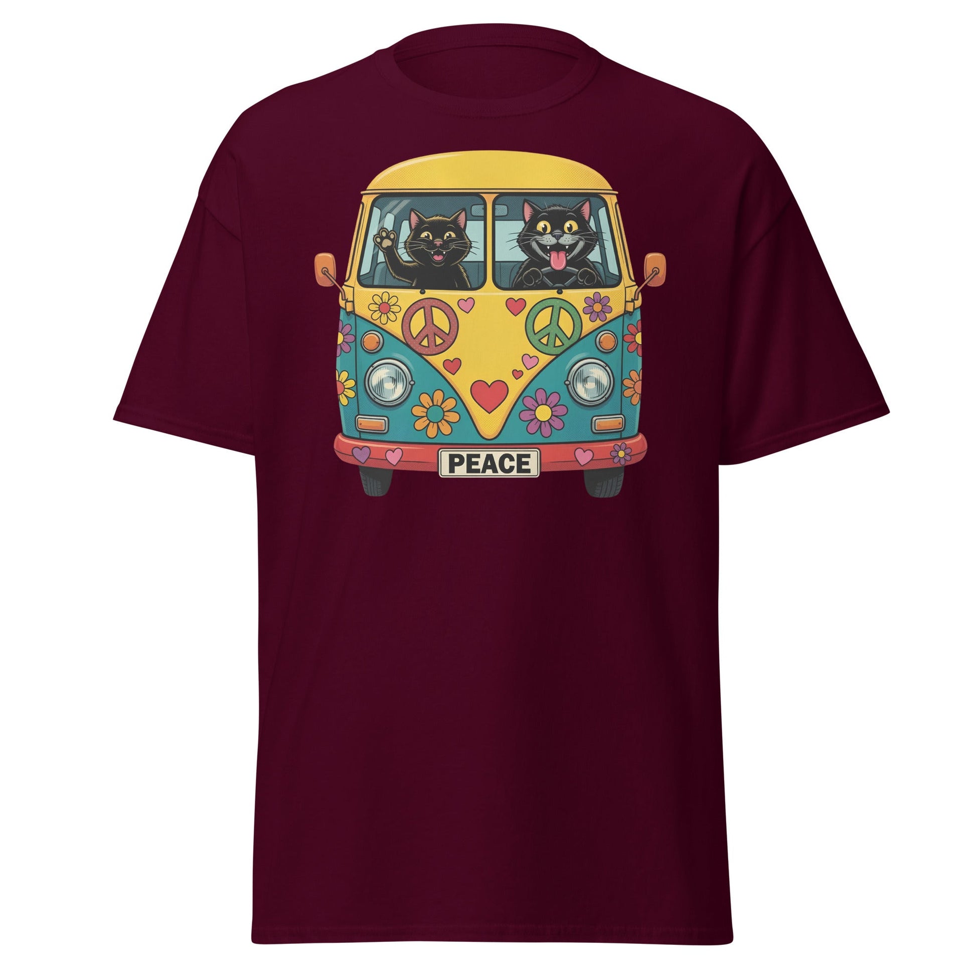 Hippie Cat Van T-Shirt - Peace & Love Retro VW Bus Tee - Maroon - T-Shirts Online