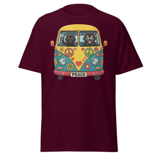 Hippie Cat Van T-Shirt - Peace & Love Retro VW Bus Tee - Maroon - T-Shirts Online