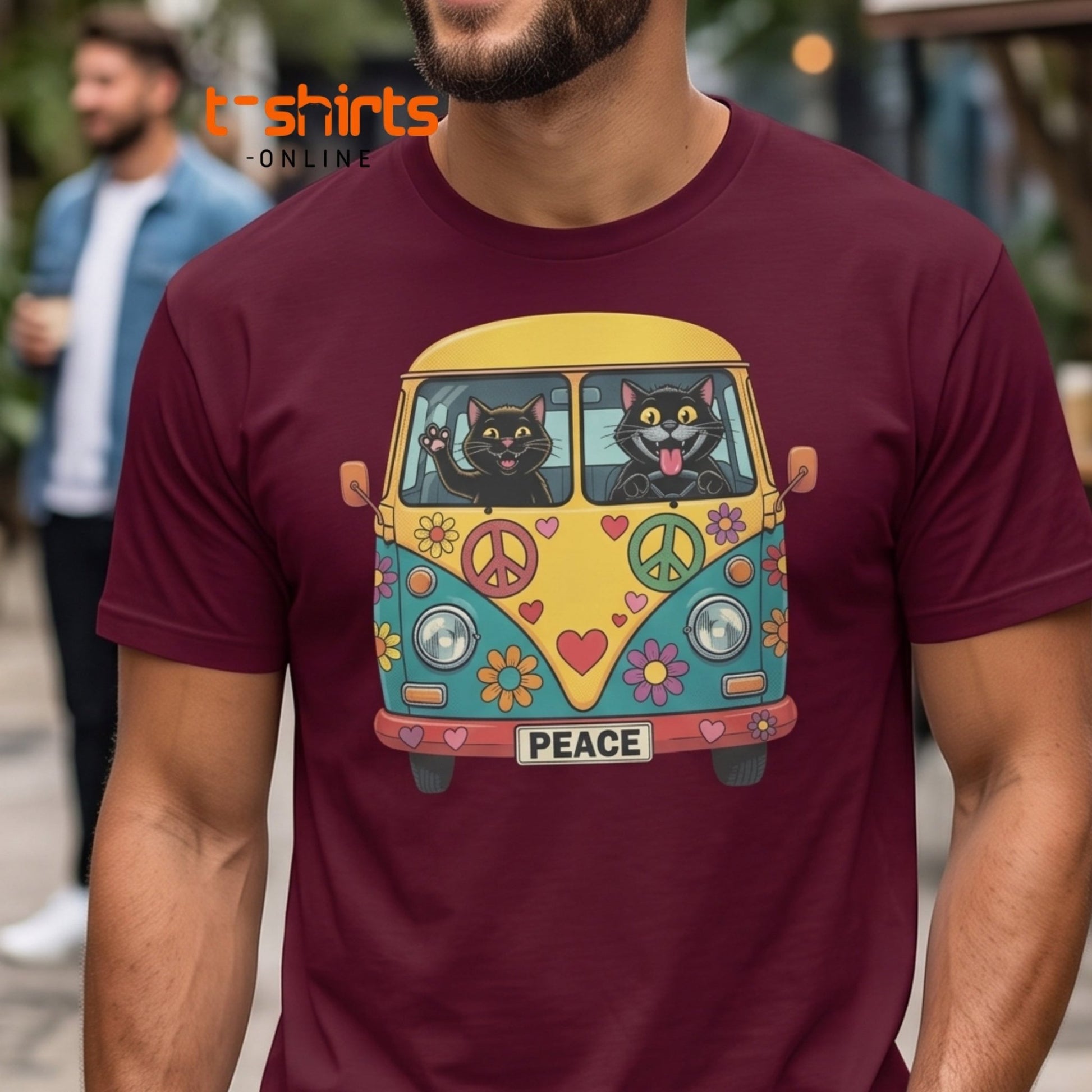 Hippie Cat Van T-Shirt - Peace & Love Retro VW Bus Tee - Maroon - T-Shirts Online