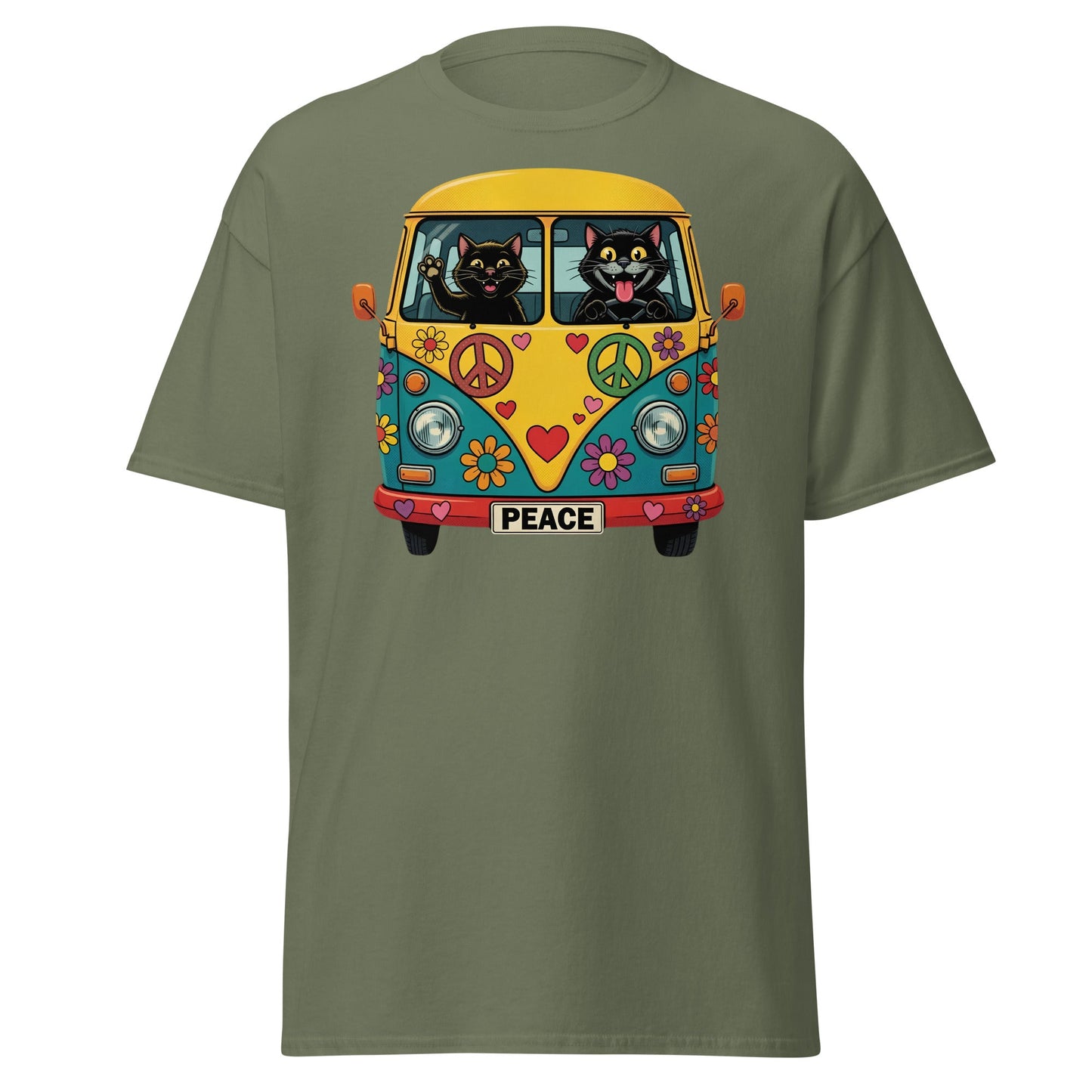 Hippie Cat Van T-Shirt - Peace & Love Retro VW Bus Tee - Military Green - T-Shirts Online