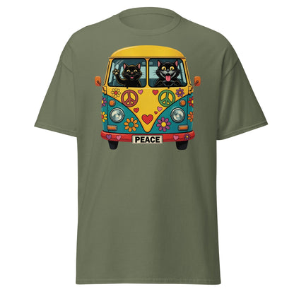 Hippie Cat Van T-Shirt - Peace & Love Retro VW Bus Tee - Military Green - T-Shirts Online