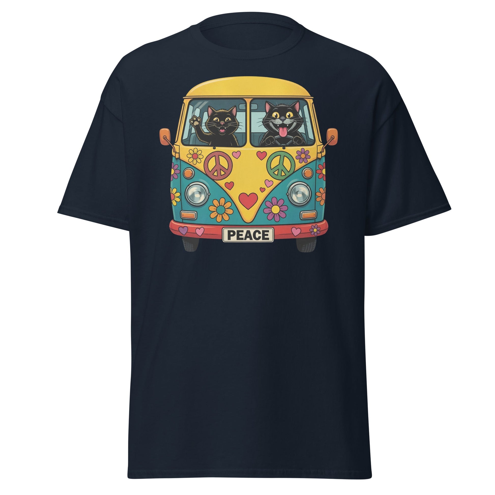 Hippie Cat Van T-Shirt - Peace & Love Retro VW Bus Tee - Navy - T-Shirts Online