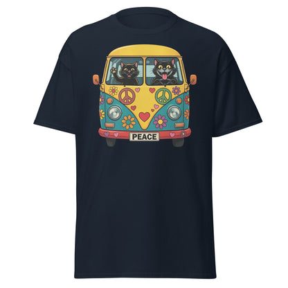 Hippie Cat Van T-Shirt - Peace & Love Retro VW Bus Tee - Navy - T-Shirts Online