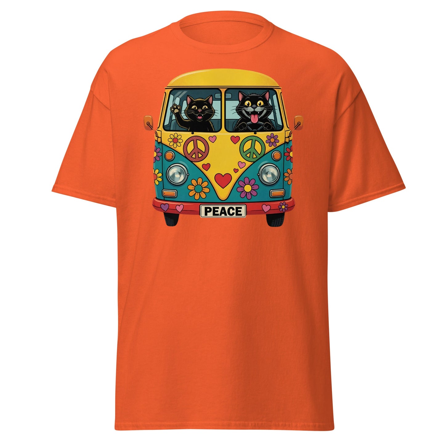 Hippie Cat Van T-Shirt - Peace & Love Retro VW Bus Tee - Orange - T-Shirts Online