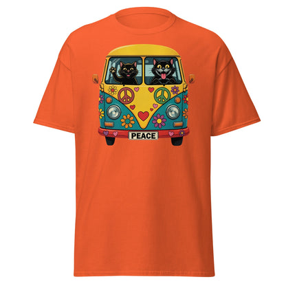 Hippie Cat Van T-Shirt - Peace & Love Retro VW Bus Tee - Orange - T-Shirts Online