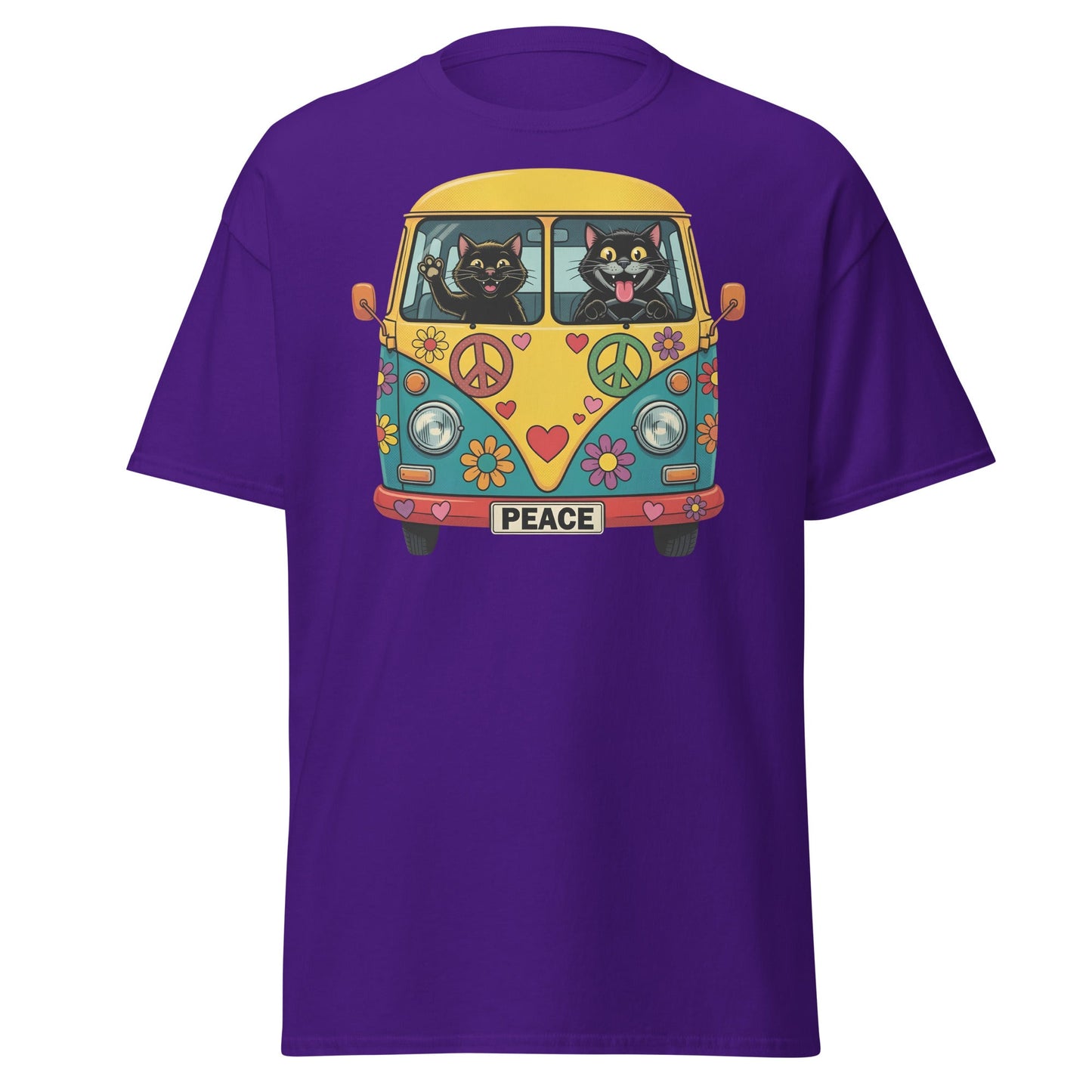 Hippie Cat Van T-Shirt - Peace & Love Retro VW Bus Tee - Purple - T-Shirts Online