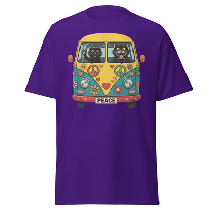 Hippie Cat Van T-Shirt - Peace & Love Retro VW Bus Tee - Purple - T-Shirts Online