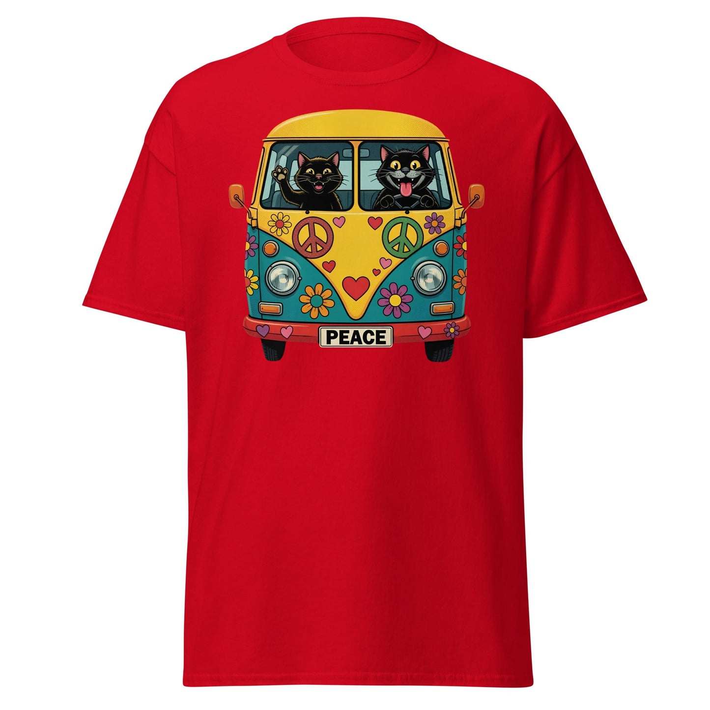 Hippie Cat Van T-Shirt - Peace & Love Retro VW Bus Tee - Red - T-Shirts Online