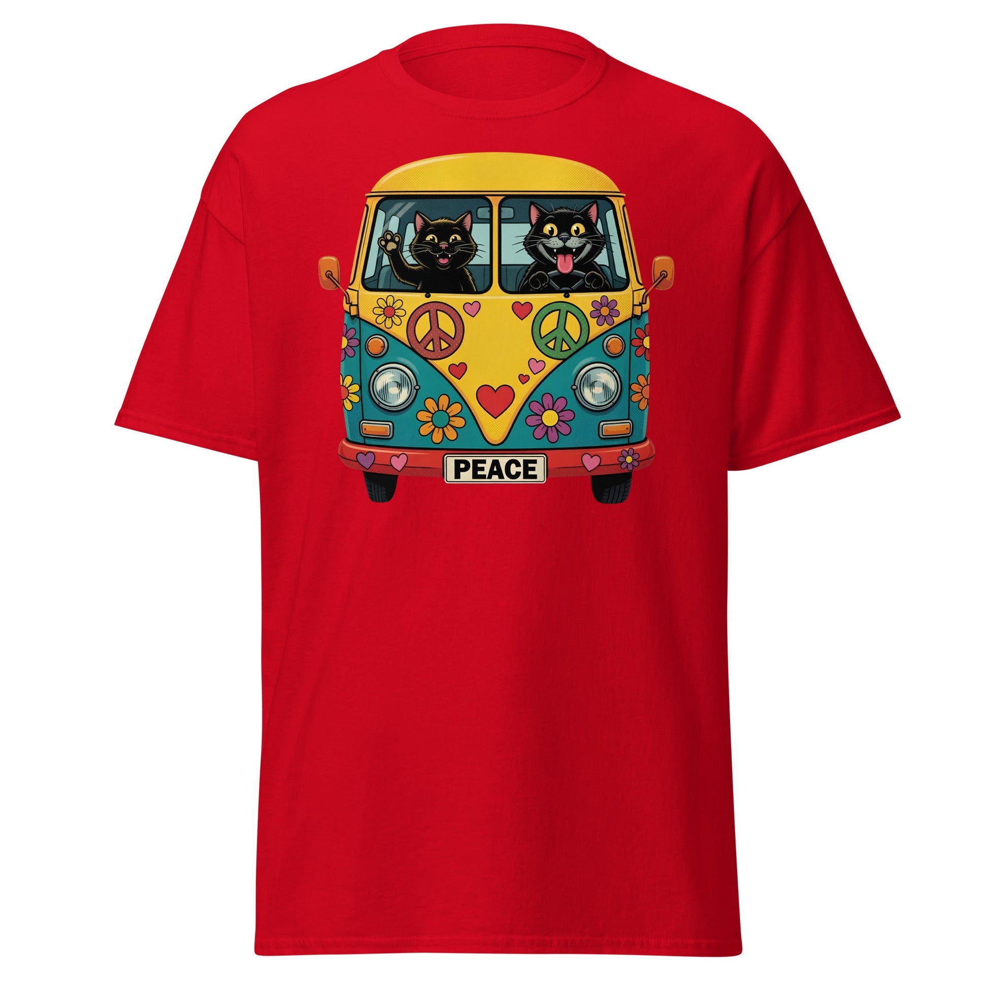 Hippie Cat Van T-Shirt - Peace & Love Retro VW Bus Tee - Red - T-Shirts Online