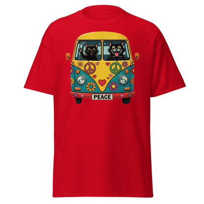 Hippie Cat Van T-Shirt - Peace & Love Retro VW Bus Tee - Red - T-Shirts Online
