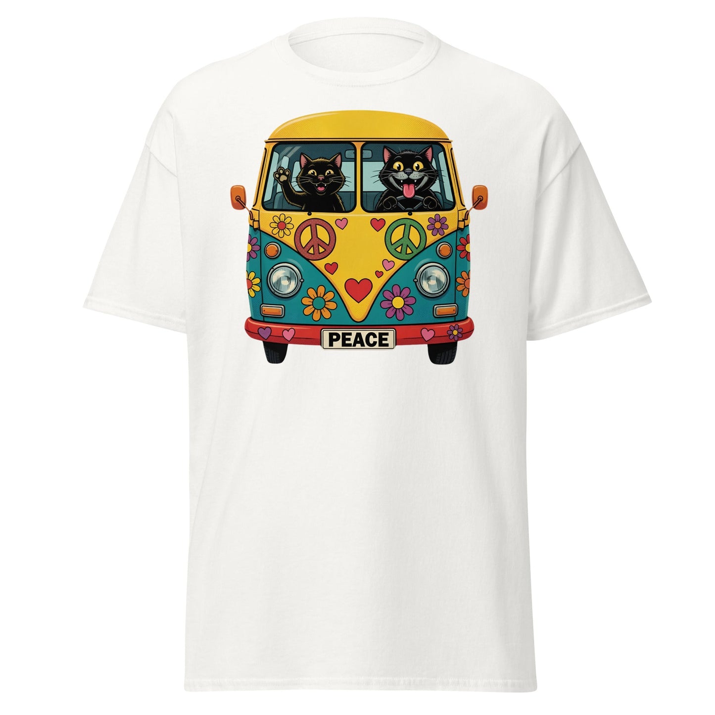 Hippie Cat Van T-Shirt - Peace & Love Retro VW Bus Tee - White - T-Shirts Online