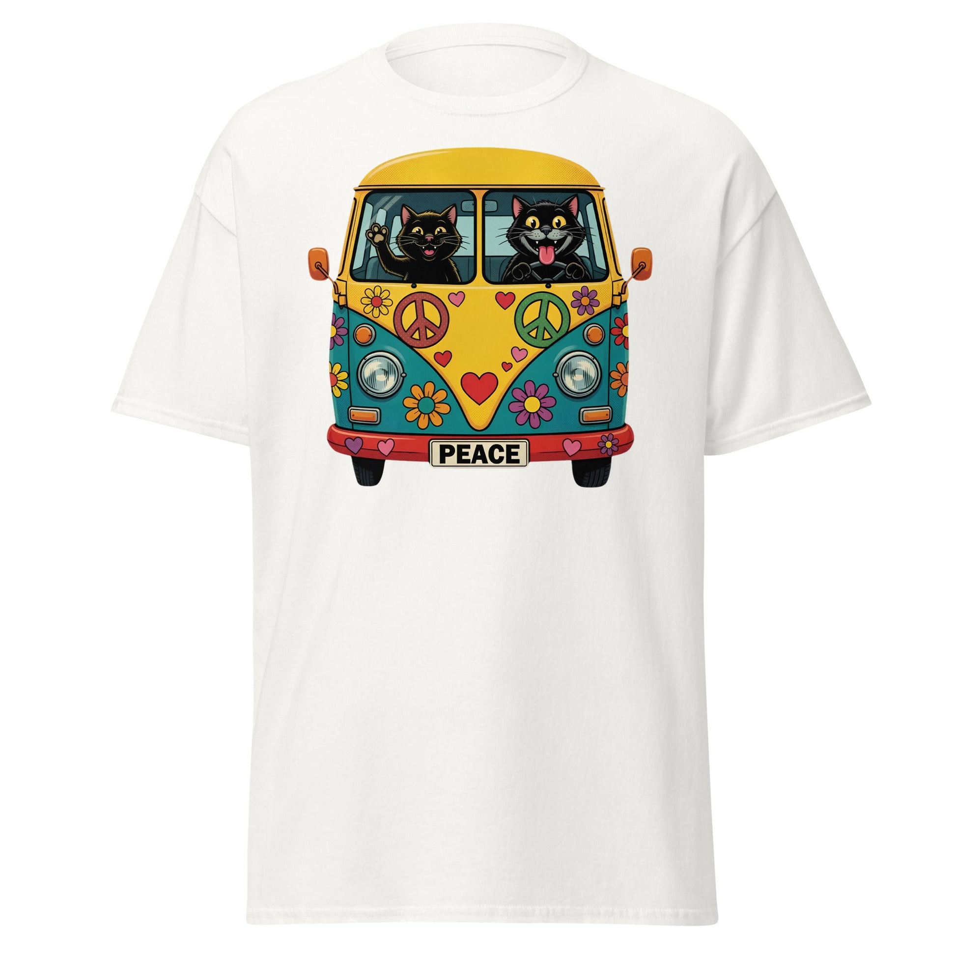 Hippie Cat Van T-Shirt - Peace & Love Retro VW Bus Tee - White - T-Shirts Online