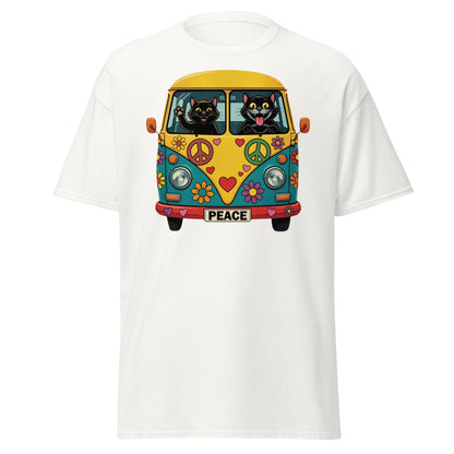 Hippie Cat Van T-Shirt - Peace & Love Retro VW Bus Tee - White - T-Shirts Online
