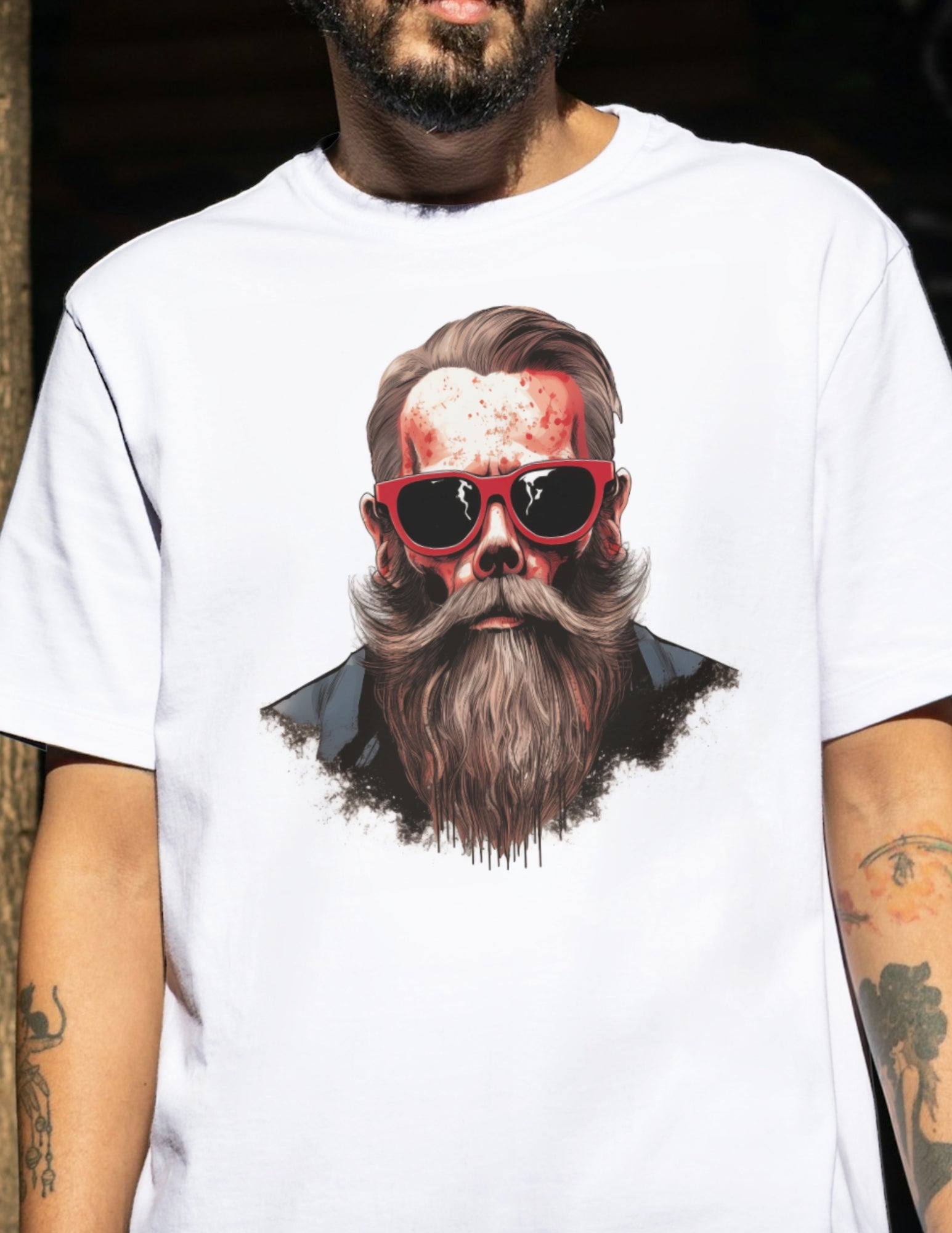 Man wearing a white t-shirt with a hipster skull graphic featuring a beard and red sunglasses.