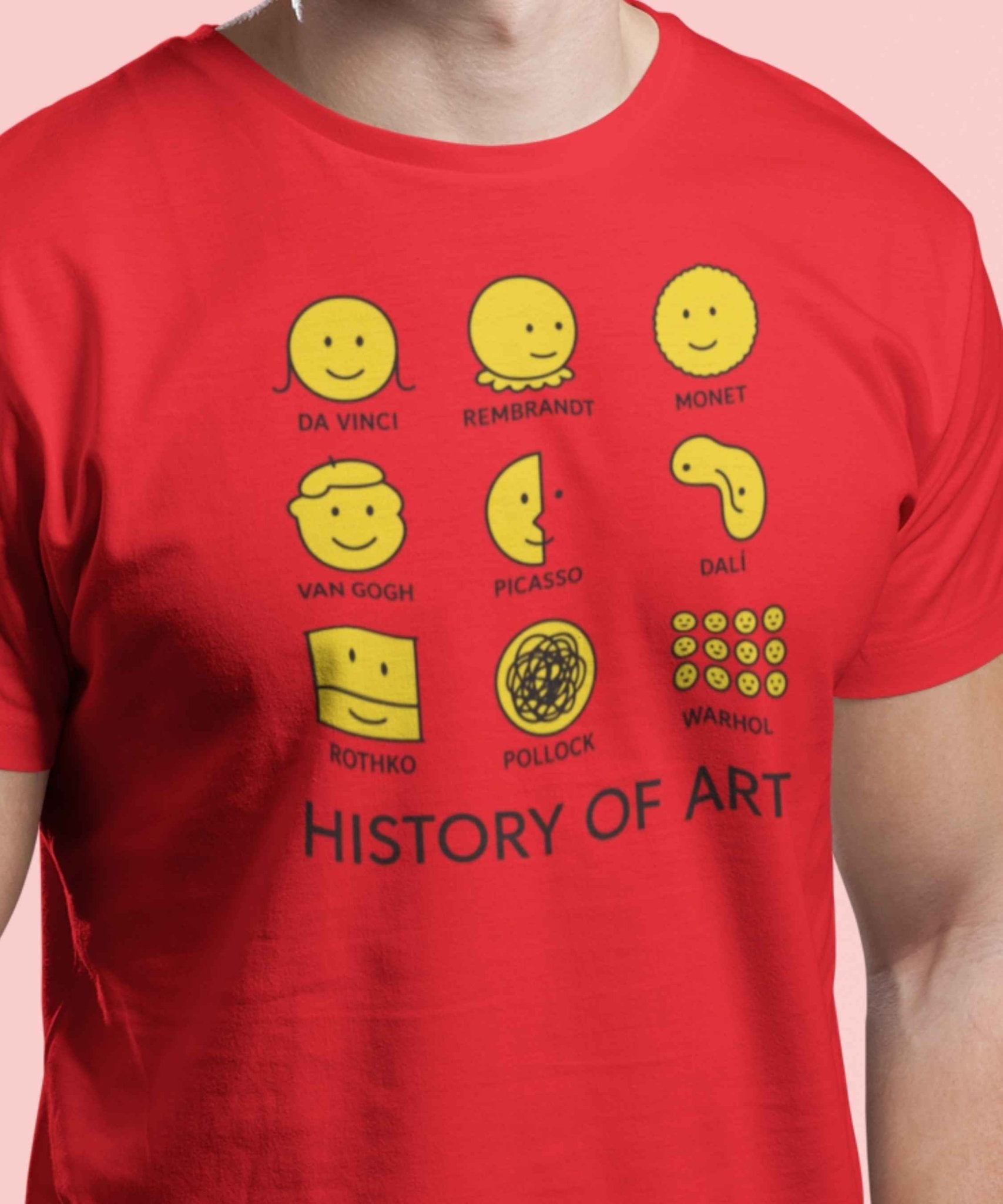 Red t-shirt with yellow graphics and text about the 'History of Art' on a pink background