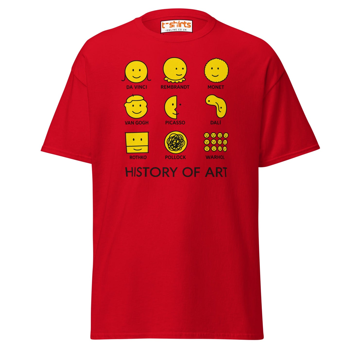 Red t-shirt with yellow and black graphic design on a white background