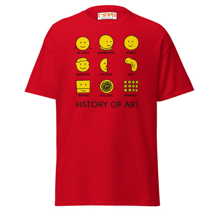 Red t-shirt with yellow and black graphic design on a white background