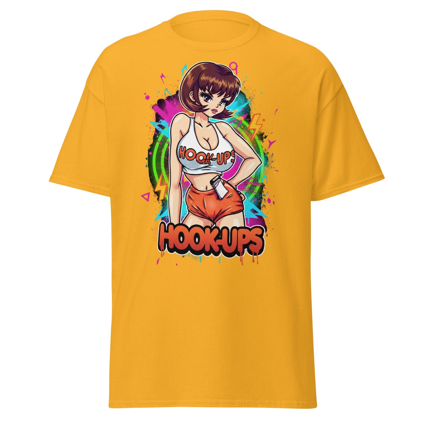 Hook - Ups Anime Girl T-Shirt – Retro Streetwear Tee - Gold - T-Shirts Online