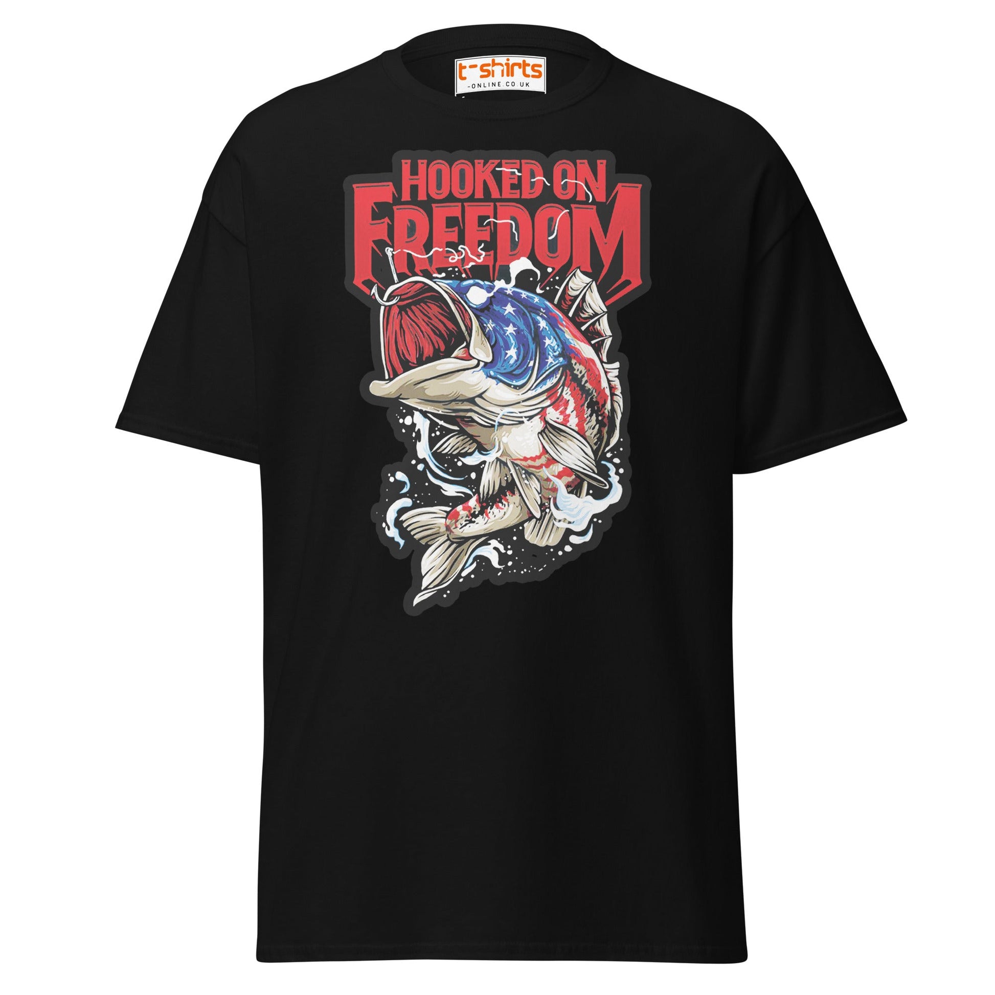 Hooked on Freedom T-Shirt | Patriotic Fishing Tee - Black - T-Shirts Online