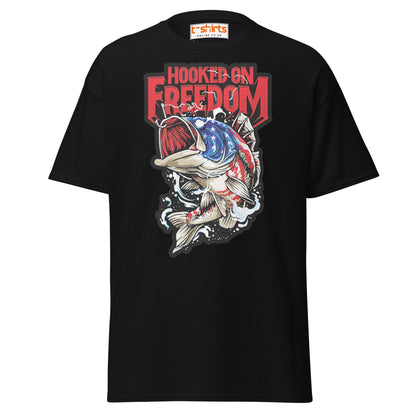Hooked on Freedom T-Shirt | Patriotic Fishing Tee - Black - T-Shirts Online