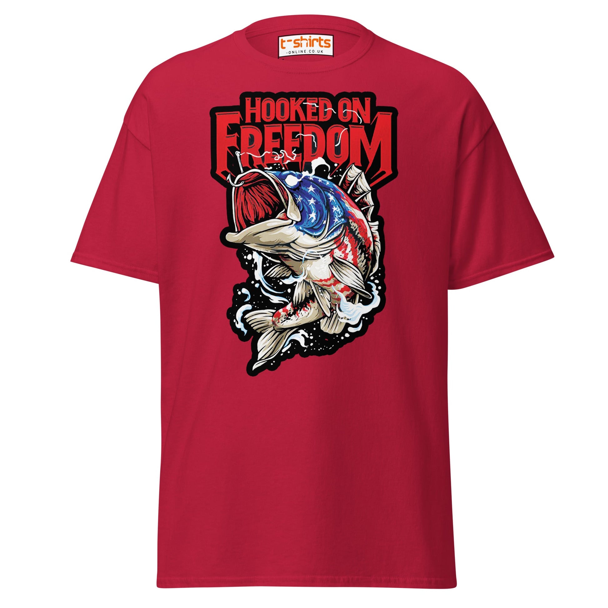 Hooked on Freedom T-Shirt | Patriotic Fishing Tee - Cardinal - T-Shirts Online