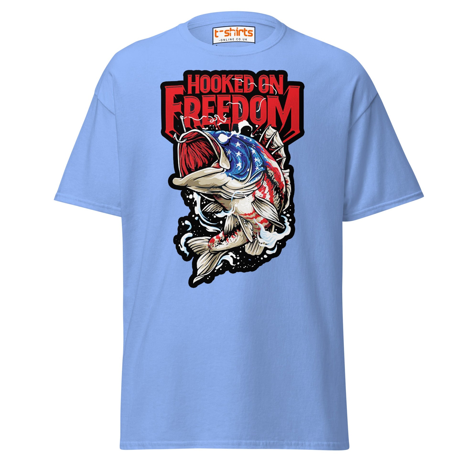 Hooked on Freedom T-Shirt | Patriotic Fishing Tee - Carolina Blue - T-Shirts Online
