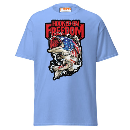 Hooked on Freedom T-Shirt | Patriotic Fishing Tee - Carolina Blue - T-Shirts Online