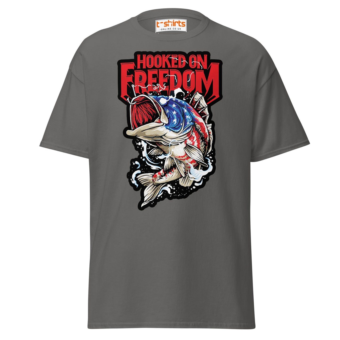 Hooked on Freedom T-Shirt | Patriotic Fishing Tee - Charcoal - T-Shirts Online