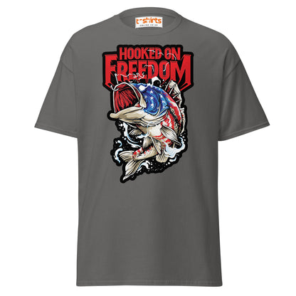 Hooked on Freedom T-Shirt | Patriotic Fishing Tee - Charcoal - T-Shirts Online