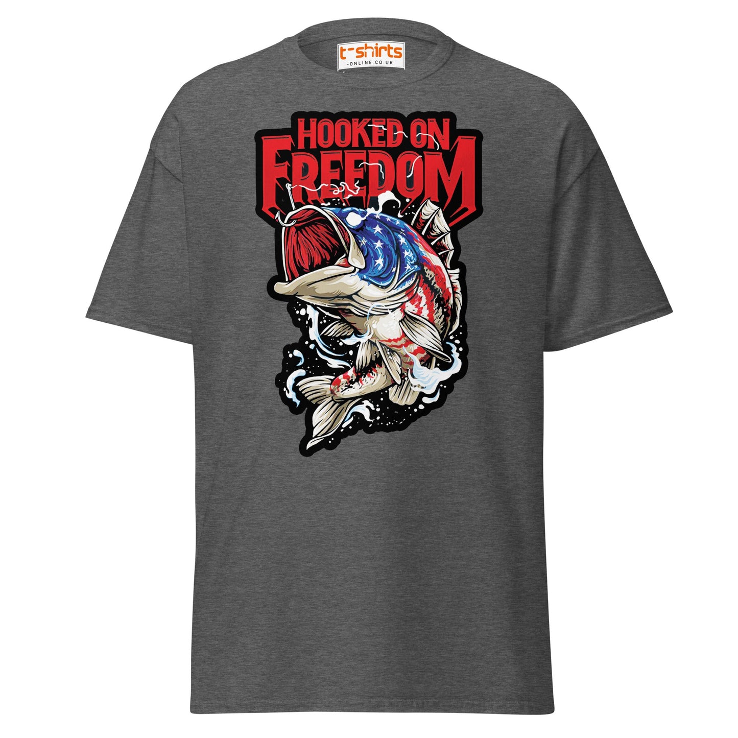 Hooked on Freedom T-Shirt | Patriotic Fishing Tee - Dark Heather - T-Shirts Online