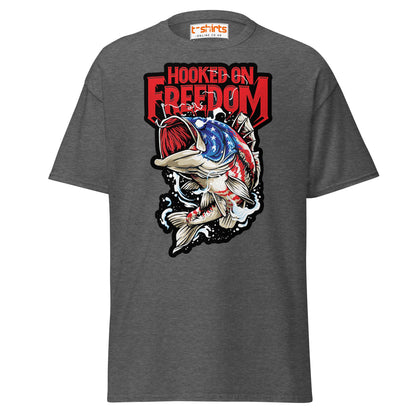 Hooked on Freedom T-Shirt | Patriotic Fishing Tee - Dark Heather - T-Shirts Online
