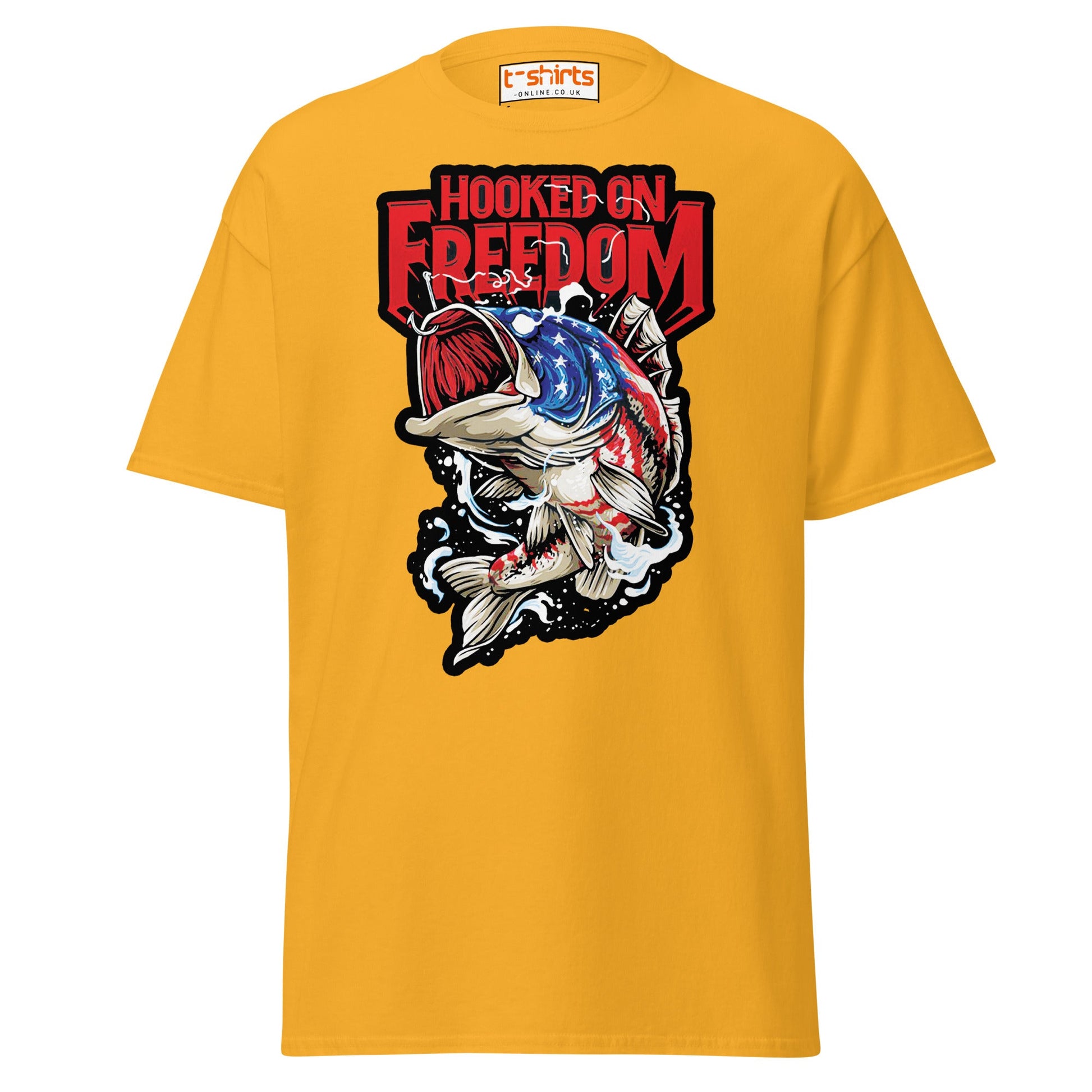 Hooked on Freedom T-Shirt | Patriotic Fishing Tee - Gold - T-Shirts Online