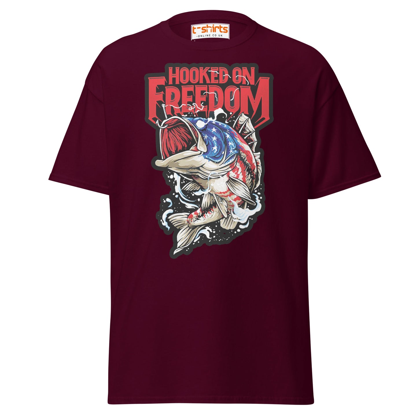 Hooked on Freedom T-Shirt | Patriotic Fishing Tee - Maroon - T-Shirts Online