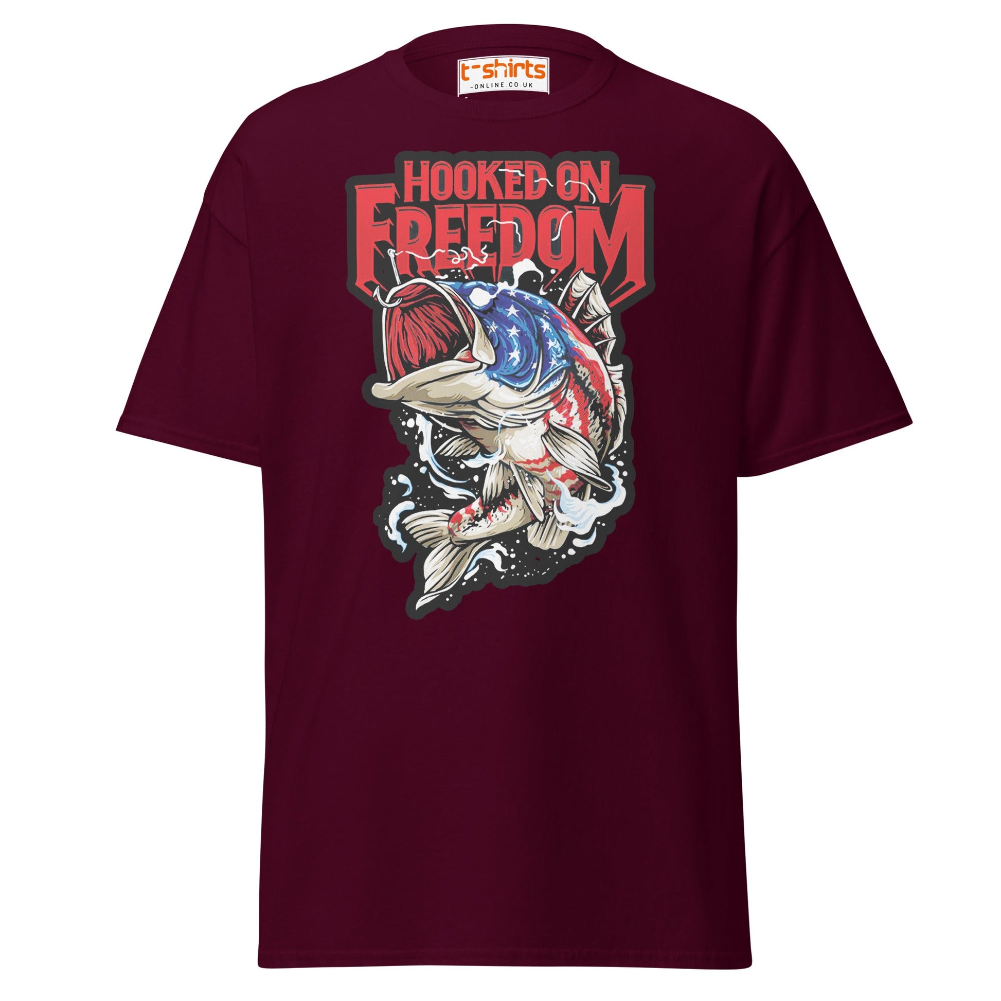Hooked on Freedom T-Shirt | Patriotic Fishing Tee - Maroon - T-Shirts Online