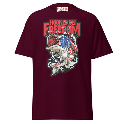 Hooked on Freedom T-Shirt | Patriotic Fishing Tee - Maroon - T-Shirts Online