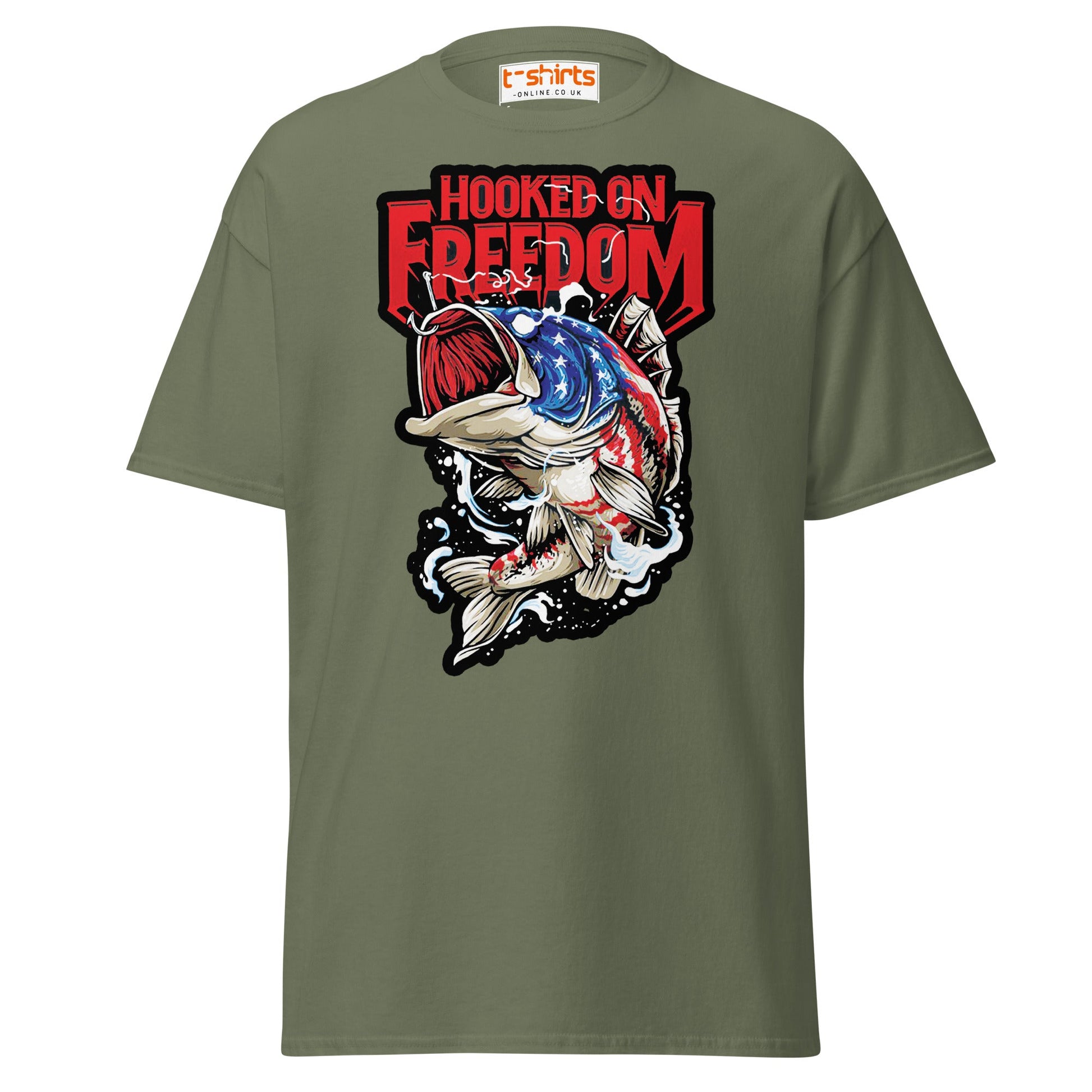 Hooked on Freedom T-Shirt | Patriotic Fishing Tee - Military Green - T-Shirts Online
