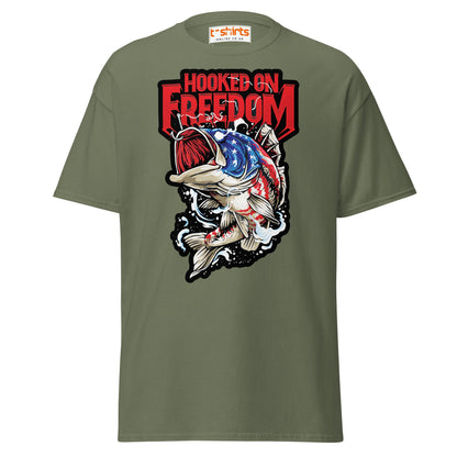 Hooked on Freedom T-Shirt | Patriotic Fishing Tee - Military Green - T-Shirts Online